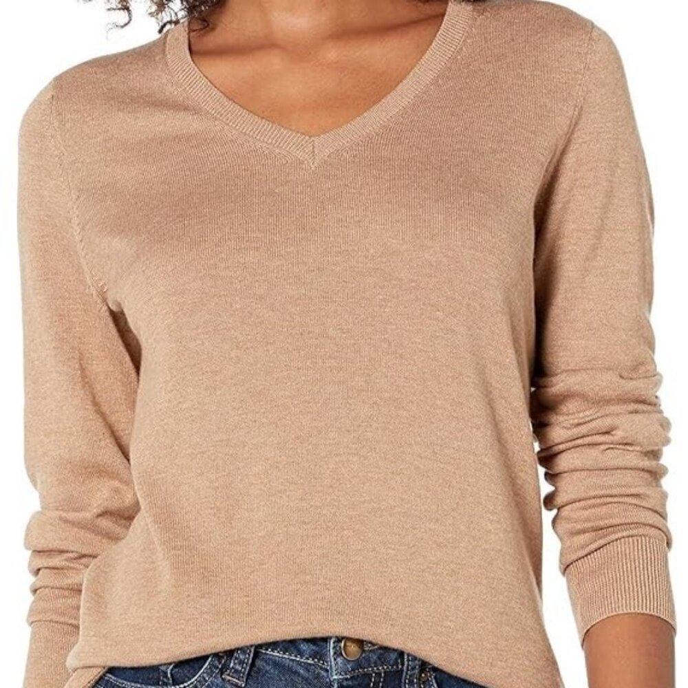 Amazon Essentials Long-Sleeve V-Neck Sweater - Camel Heather Tan - NWT - XL